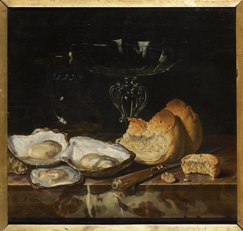 Still life with a glass tazza, bread, oysters and a knife, 1661, Hendrik de Fromantiou