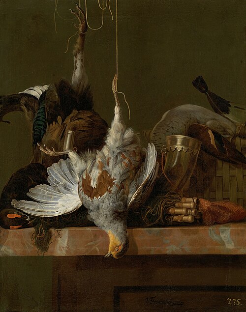 A Still Life with Dead Partridge, Pheasant, and Hunting Gear, 1670, Hendrik de Fromantiou