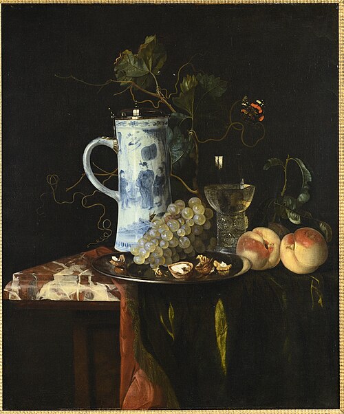 Stilleven met een kan van chinees porselein, druiven, walnoten, roemer, perziken en een kleed op een, 1670, Hendrik de Fromantiou