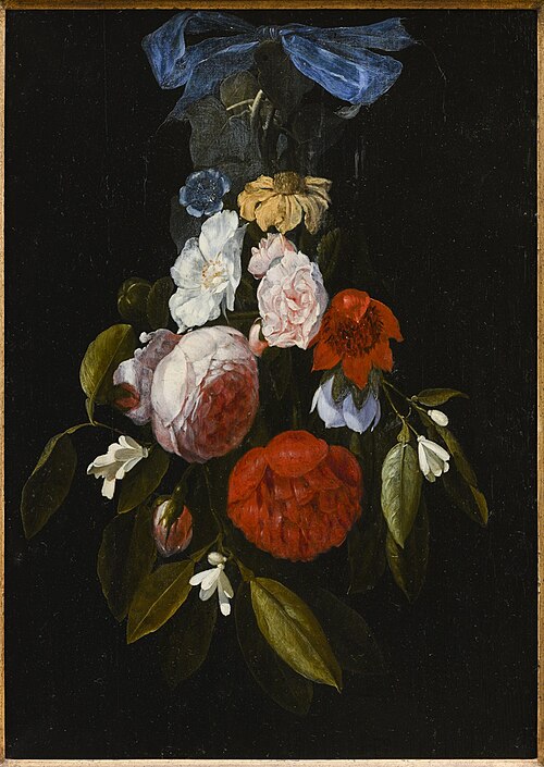 Bloemboeket met blauwe strik, , Hendrik de Fromantiou