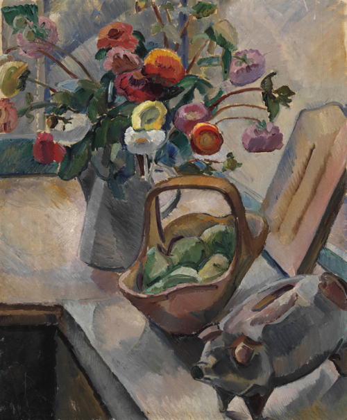 Still life with flowers and piggy bank, , Astrid Holm