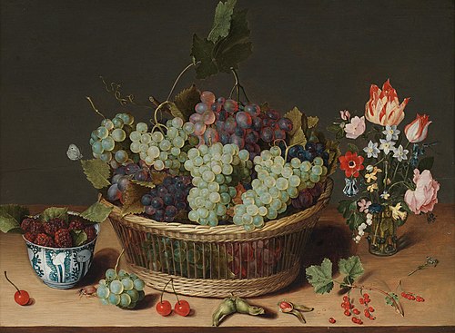 A still life of grapes in a basket, mulberries in a wanli kraak porcelain bowl and flowers in a glas, 1650, Isaak Soreau
