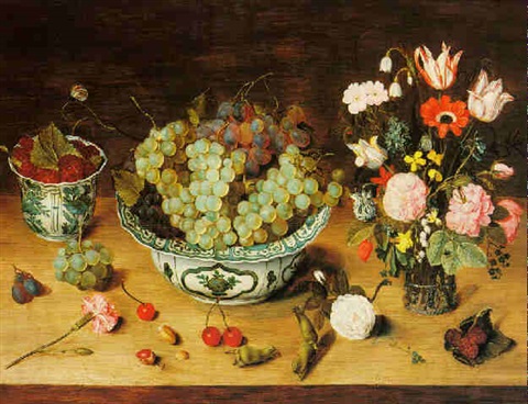Still-life with crow cup of raspberries, bowl of grapes and bouquet in glass vase, 1630, Isaak Soreau
