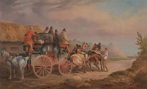 Mail Coaches on the Road: the `Quicksilver' Devonport-London Royal Mail about to Start with a new Te, 1825, Charles Cooper Henderson