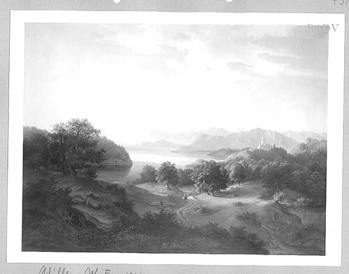 Lake with mountains + castle, 1839, Felix von Schiller