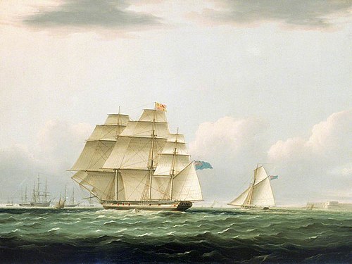 The yacht 'Royal Sovereign' with the Duchess of Clarence on board, leaving Portsmouth to view the vi, 1830, Henry Moses