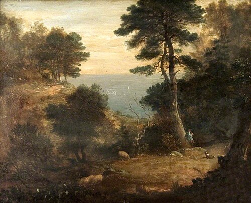 Drovers with Sheep on a Wooded Clifftop Path, , Ambrose Bowden Johns