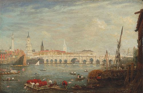 The Monument and London Bridge, 1825, Frederick Nash