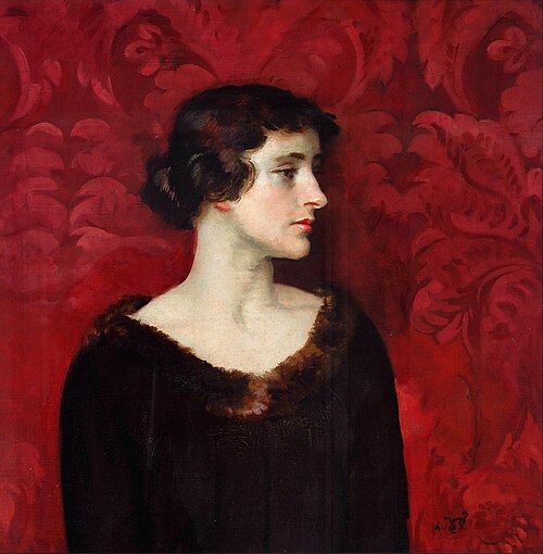 Mrs Gerard Tharp against Red Damask, 1936, William Bruce Ellis Ranken