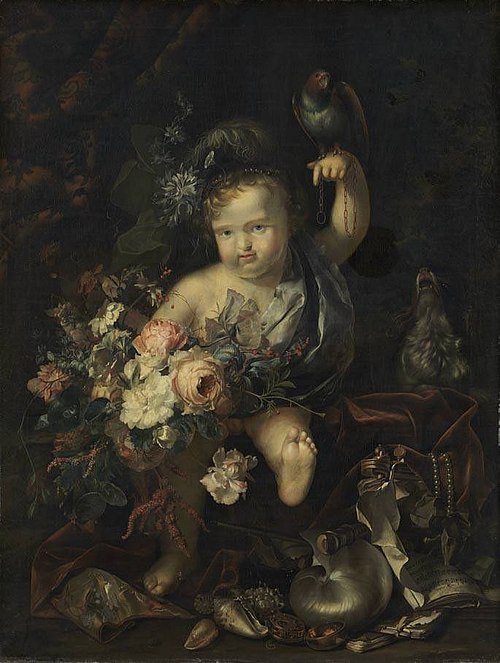 Cherub with Flowers and Parrot, 1713, Herman van der Myn