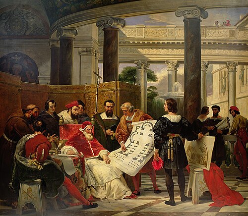 Jules II ordonnant les travaux du Vatican et de saint Pierre à Bramante, Michel Ange et Raphaël, 1827, Horace Vernet