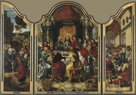 Drieluik met het Laatste Avondmaal (middenpaneel); het afscheid van Christus en Maria (linkerluik); , 1519, Maître de l'Adoration von Groote