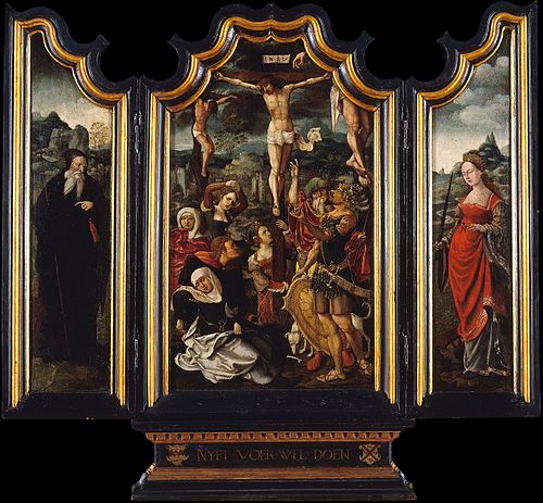 Triptych with Calvary, Saint Anthony the Abbot and Saint Catherine, 1520, Maître de l'Adoration von Groote