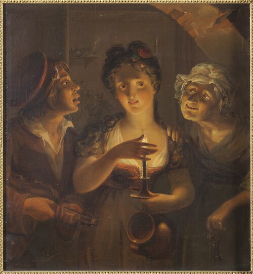 Girl Holding a Candle Standing between a Fiddler and an Old Woman, 1830, Pehr Berggren