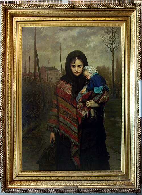 Jonge vrouw met kind op reis ' Verlaten', 1874, Alexandre Struys