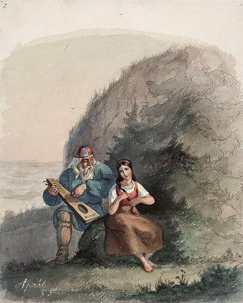Väinämöinen stringing his kantele, 1855, Anders Ekman