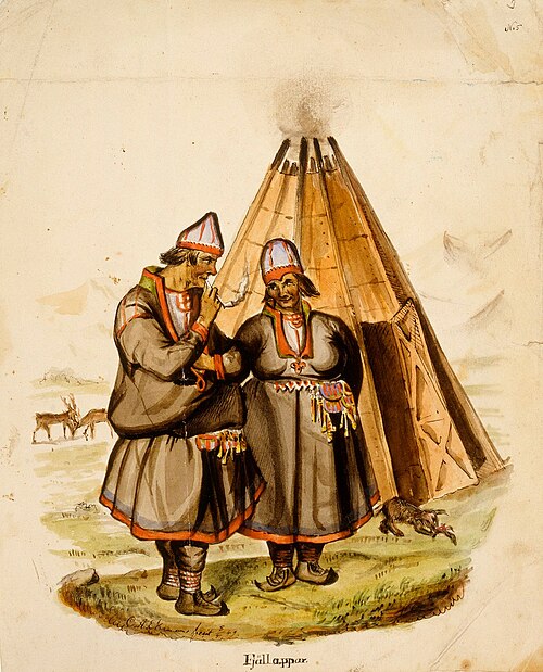 Kaksi tunturilappalaista kodan edustalla, 1849, Anders Ekman