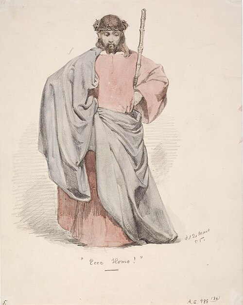 Ecce Homo. Kristus orjantappurakruunu päässä puettuna punaiseen pukuun ja siniseen viittaan., 1855, Anders Ekman