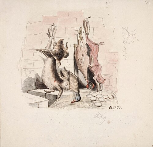 Asetelma, jossa on kuollut jänis, heinäsorsa, peltopyy, nyljetty jänis ja kana, 1850, Anders Ekman