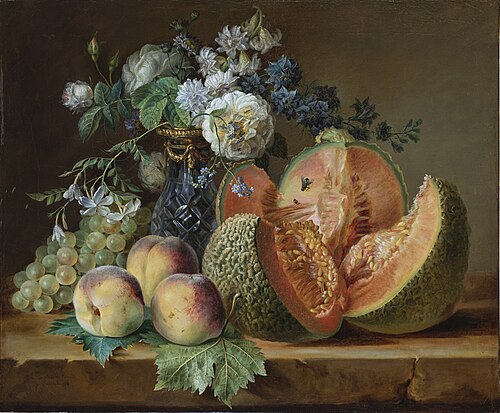 Nature morte avec des pêches, des raisins, un melon et un vase de fleurs, 1780, Charlotte Eustache Sophie de Fuligny-Damas