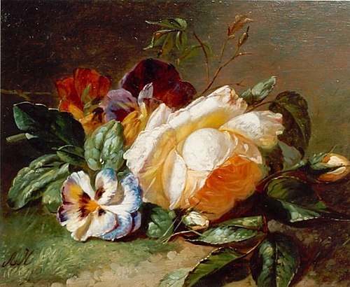 White rose and violets at the edge of the wood, 1850, Adriana Johanna van Haanen