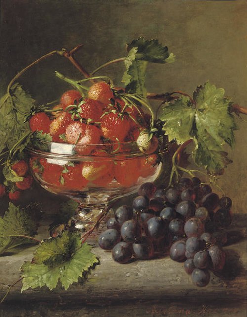 Strawberries in a glass bowl with grapes on a ledge, 1850, Adriana Johanna van Haanen