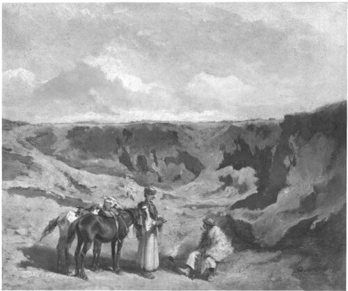 "Auf der Puszta", zwei ungarische Bauern mit zwei Pferden, 1861, Johann Gualbert Raffalt