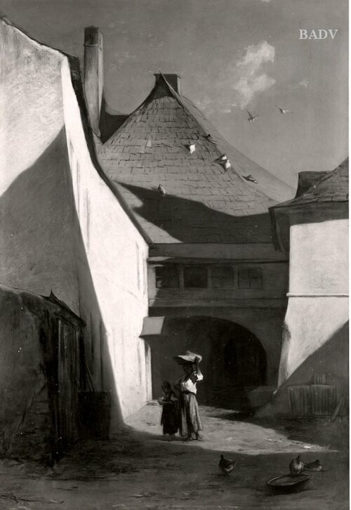 Frau und Kind vor dem Tor eines Bauernhofes (in Ungarn), 1861, Johann Gualbert Raffalt