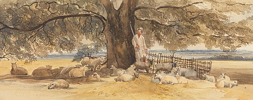 A Shepherd with Flock Beneath a Large Tree, , Arthur James Stark