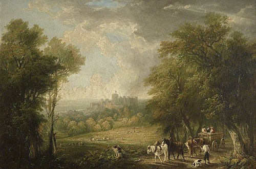 View of Windsor from the Forest with Travellers in a Horse-drawn Cart, 1850, Arthur James Stark