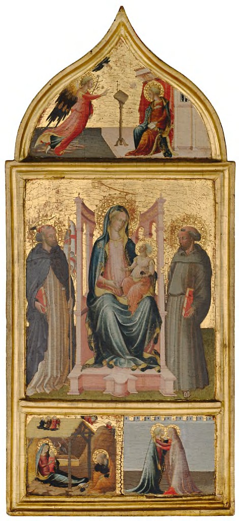 Virgin and Child Enthroned with Saint Peter Martyr and Saint Francis.  Lunette: Annunciation; Predel, 1412, Maître du Jugement de Pâris du Bargello