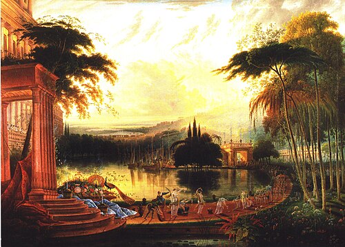 A romantic landscape with the Arrival of the Queen of Sheba, 1850, Samuel Colman