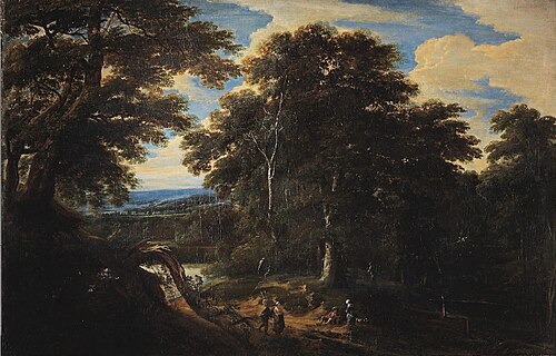 Figures on a path in an extensive wooded landscape, 1650, Jacques d'Arthois
