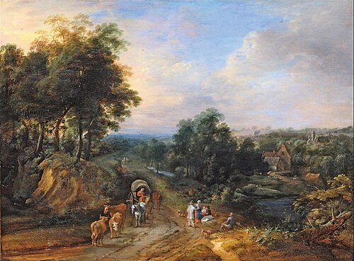 Wide landscape with cart and figures, 1650, Jacques d'Arthois
