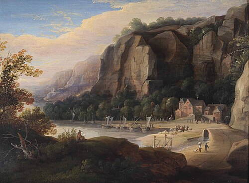 A rocky cove with fisherfolk on the shore, an artist sketching in the foreground, , Jacques d'Arthois