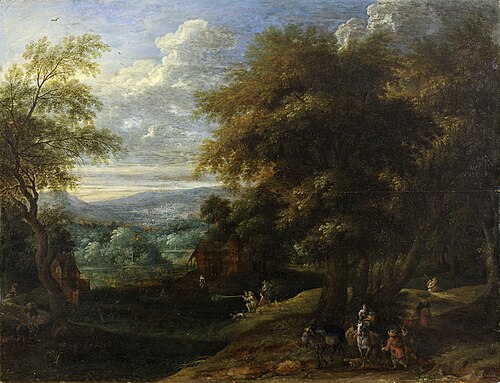 Wooded landscape with hunters and travellers, 1657, Jacques d'Arthois