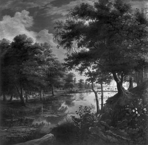Boslandschap met water; in de verte een kerk, 1660, Jacques d'Arthois