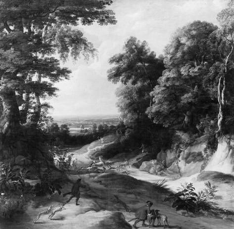 Landschaft mit Hirschjagd und David Teniers d. J, 1649, Jacques d'Arthois