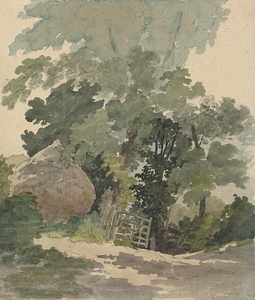 A Country Lane with Haystack and Gate, , Robert Hills
