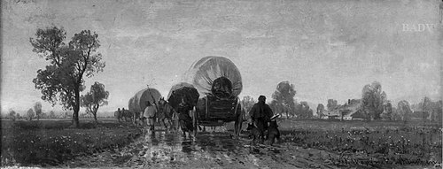 Landstraße mit Fuhrwerken und Fußgängern bei Regen, 1868, Josef Wopfner