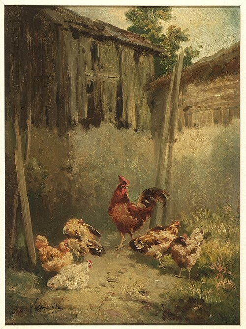 Boerenerf met kippen., 1867, Louis Lemaire