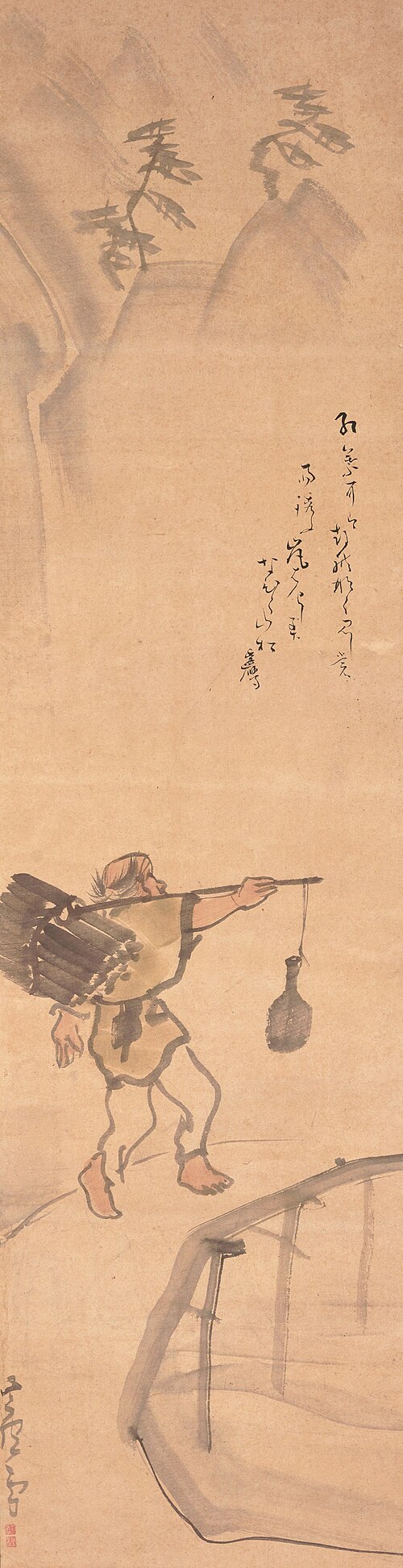 Woodcutter Crossing a Bridge in Rain, , Nagasawa Rosetsu
