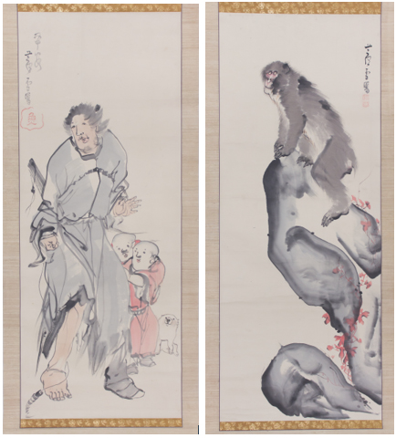 Monkey on a Rock; Monkey Trainer with Chinese Children and Puppy, 1794, Nagasawa Rosetsu