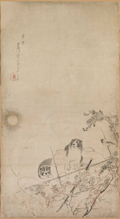 Puppies, Sparrows, and Chrysanthemums, 1776, Nagasawa Rosetsu