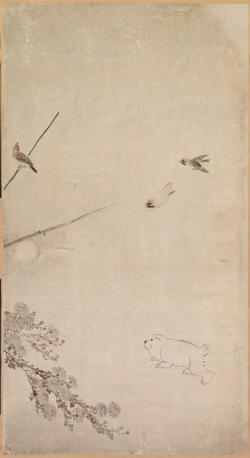 Puppies, Sparrows, and Chrysanthemums, 1776, Nagasawa Rosetsu