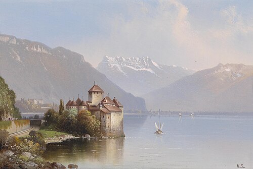 Blick auf Schloss Chillon am Genfer See, 1904, Hubert Sattler
