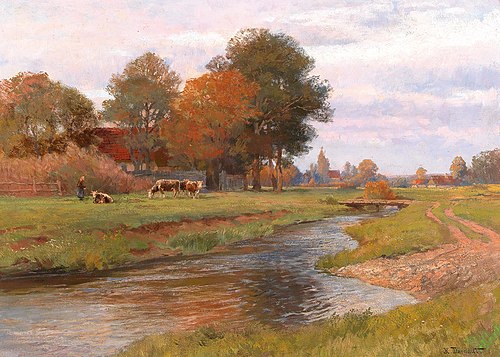 River Landscape with Small Herd of Cows and a Village in the background, 1937, Hugo Darnaut