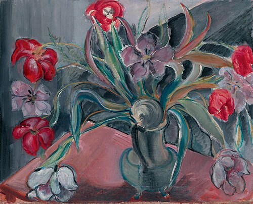 Tulips in a pewter tankard, , Alma del Banco