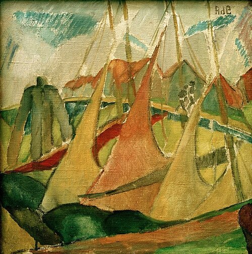 Rote und gelbe Segel (Segelschiffe in Cuxhafen), 1922, Alma del Banco