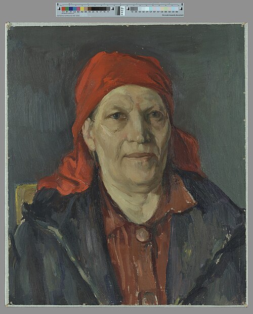 Naine punase rätiga. Etüüd maalile "Töörahva ülestõus 1940.a. Tartus", 1941, Andrus Johani